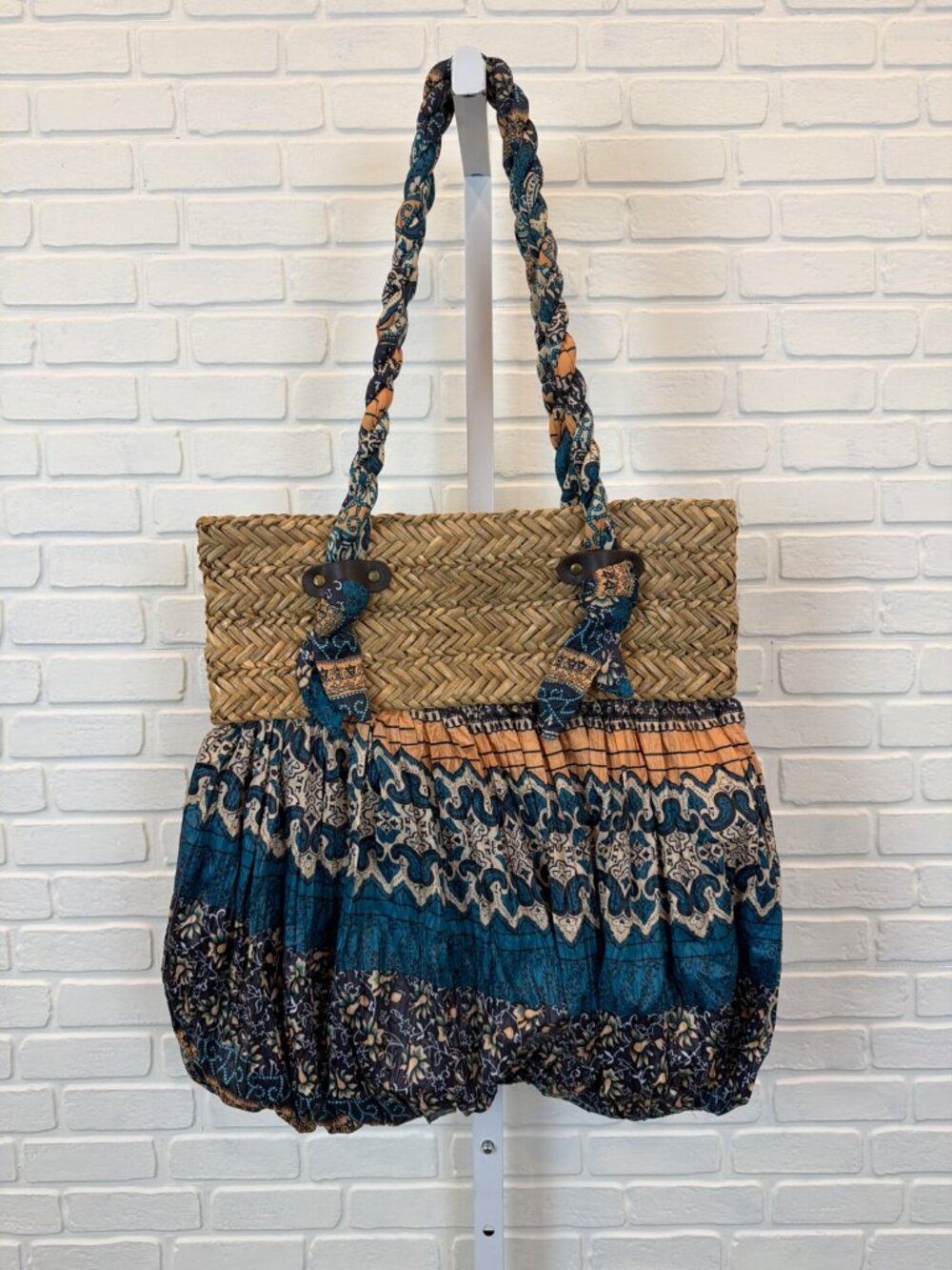 Cappelli Straworld Woven Straw Tote Boho Print Fabric Handles